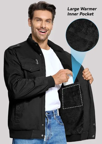 Vista 4 de EKLENTSON Chaqueta térmica gruesa de invierno para hombre con múltiples bolsillos con cremallera frontal forro polar chaqueta militar para hombre