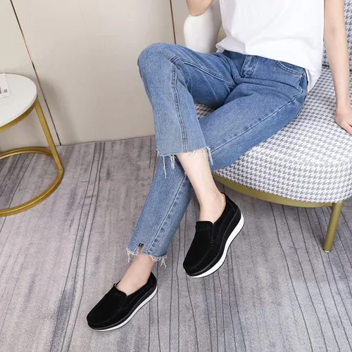 Vista 6 de Ruiatoo Zapatos de plataforma para mujer, cómodos mocasines de gamuza sin cordones, mocasines casuales de cuña