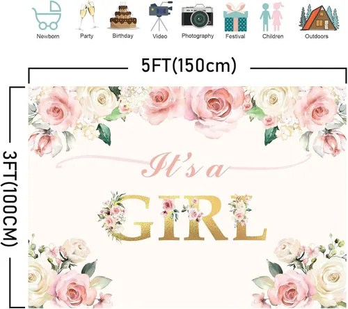 Vista 4 de Fondo de fiesta con texto en inglés "It's a Girl" para baby shower, decoración de fiesta, acuarela, fondo floral rosa, fondo de fotografía, regalos
