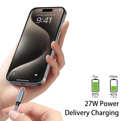 Vista 3 de Cable USB C a USB C iPhone 15 【100W/5A 6.6 pies】Carga rápida tipo C, nailon largo, cable de carga para Samsung Galaxy S24 S23, Note 20/10, Google