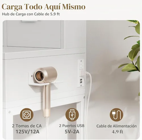 Vista 4 de BOLUO - Escritorio de maquillaje blanco con espejo de Hollywood y luces, juego de tocador para niñas con taburete, mesa de maquillaje compacta