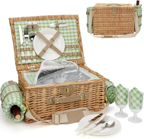 Vista 10 de Cestas de picnic para 2, cesta de picnic con manta impermeable, juego de cestas de picnic con alfombra de playa lavable y compartimento grande