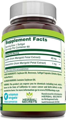Vista 2 de Herbal Secrets Suplemento de luteína con zeaxantina 40 mg por porción 60 cápsulas blandas Sin OMG Sin gluten Fabricado en Estados Unidos