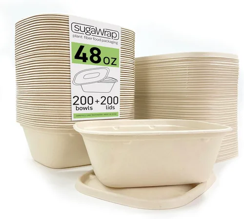 Vista 9 de Recipientes desechables ovalados de 28 onzas con tapas, bambú biodegradable ecológico y caña de azúcar, resistentes y resistentes a fugas, aptos