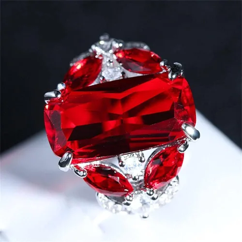 Vista 2 de Anillo de plata de ley 925 de lujo para mujer, rectángulo brillante, gema roja, anillo de princesa, ojo de caballo, anillo de rubí de ojo