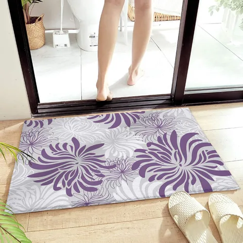 Vista 6 de Tapete de felpa esponjosa absorbente para entrada de piso, patrón floral, suave, lanudo y antideslizante, alfombra de baño de flores moradas