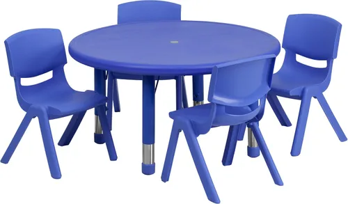 Vista 7 de Flash Furniture Emmy - Juego de mesa redonda de plástico rojo de 33 pulgadas con 4 sillas Mesa ajustable en altura, construcción duradera, uso