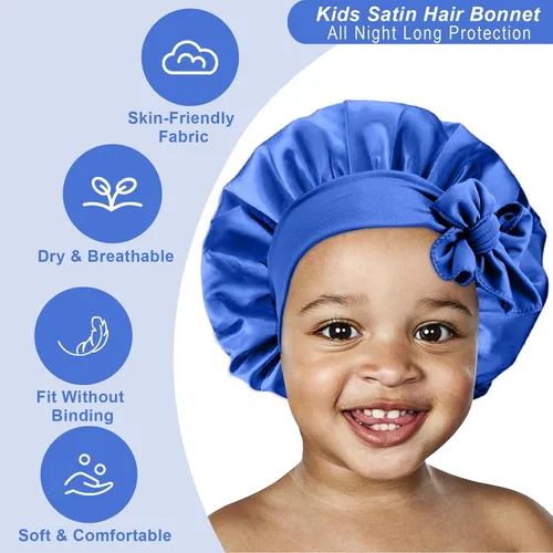 Vista 5 de 3 Piezas Gorros de Seda para Niños para Dormir - Gorro de Satén para Bebé para Dormir, Gorros de Cabello para Niños para Cabello Rizado Niñas Niños