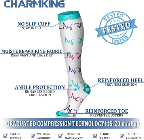 Vista 4 de CHARMKING - Calcetines de compresión para mujeres y hombres 6 pares 15-20 MMHG ideales para hacer deporte correr para viajes en avión otorgan