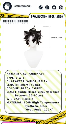 Vista 6 de KIRA KIRA Wriothesley - Peluca de cosplay, pelo corto negro y gris para Genshin Impact Fontaine Cosplay Cosplay para hombres y mujeres
