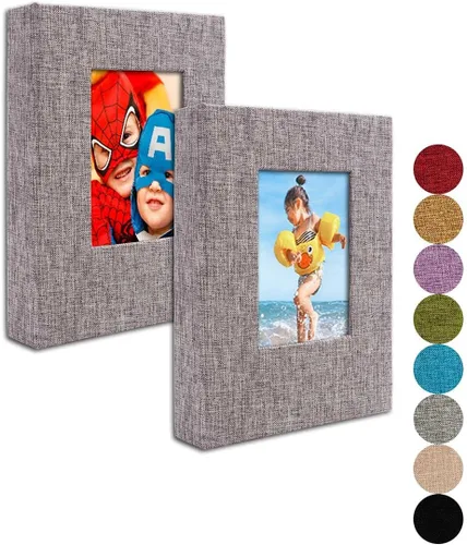 Vista 9 de GPIRAL Álbum de fotos pequeño de 4 x 6 pulgadas, páginas transparentes, cubierta de lino con ventana frontal, paquete de 2, cada álbum con capacidad