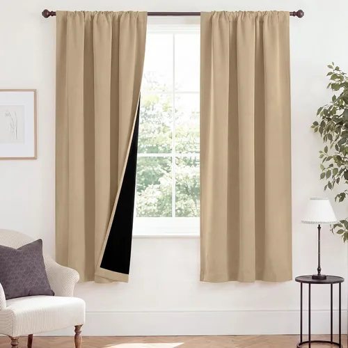 Vista 55 de NICETOWN Biscotti Beige 100% Cortinas opacas de 45" de largo para cocina, bolsillo con varilla para sótano completamente opaco, cortinas térmicas