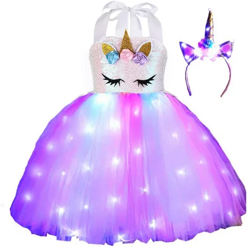 Vista 7 de SHINYOU Girls Unicorn Costume, Rainbow Unicorn Dress, LED Light Up Unicorn Tutu with Wing for Halloween Birthday Gift
