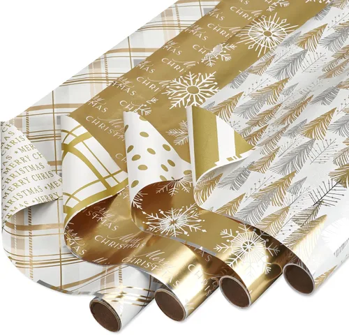 Vista 11 de American Greetings - Rollos de papel de regalo de Navidad de aluminio, envoltura de regalo festiva metálica en amarillo dorado y negro