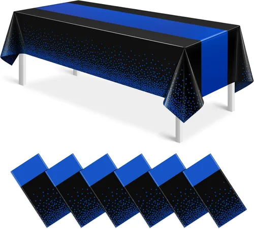 Vista 13 de MASHAN 1 mantel negro y azul para decoración de fiesta, mantel de plástico negro impreso azul, funda rectangular desechable para cumpleaños, boda