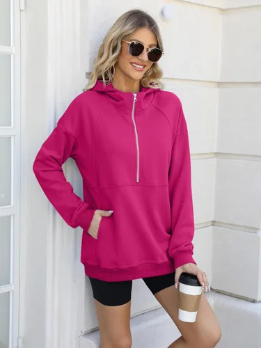 Vista 3 de PGANDS Sudaderas con capucha de manga larga con forro polar para mujer, con media cremallera, cuello con cremallera, holgadas