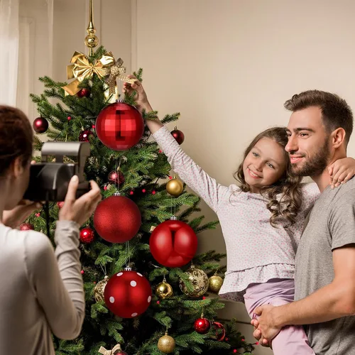 Vista 6 de Tigeen 4 adornos de bola de Navidad rojos grandes de 6 pulgadas, adornos colgantes de Navidad extra grandes de 5.906 in con purpurina para invierno