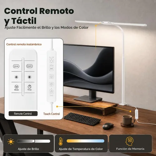 Vista 3 de Lámpara de escritorio LED con abrazadera, luz de arquitecto ajustable de doble cabeza, lámpara de escritorio para monitor de cuidado de los ojos