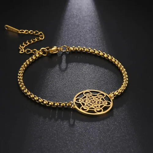 Vista 2 de Fantasy Forge Jewelry Pulsera de cubo Metatrons de plata dorada para mujer, acero inoxidable, geometría sagrada, 7-9.5 pulgadas