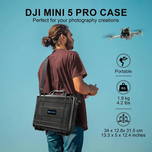 Vista 4 de Lekufee Estuche rígido impermeable para transportar DJI Mini 5 Pro Drone, Fly More Combo, DJI RC 2/RC N3, batería (6 piezas), concentrador de carga