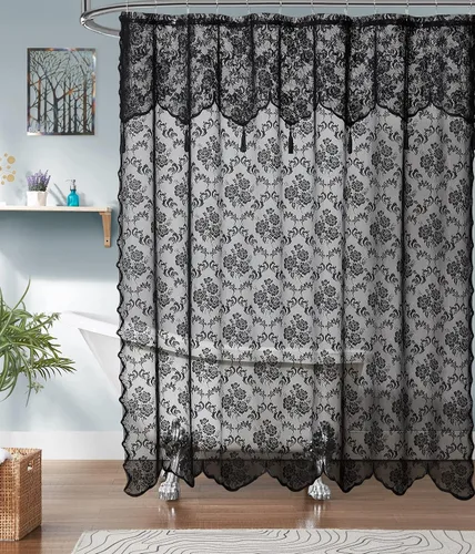 Vista 8 de ASATEX Cortina de ducha de encaje blanco. Cortina de baño de diseño floral clásico de 72 x 72 pulgadas con cenefa adjunta y borlas. Cortinas