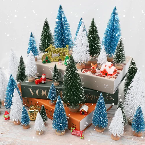 Vista 8 de 30 piezas de mini decoración de árbol de Navidad, árbol de Navidad artificial, 5 tamaños, mini árboles de escarcha de nieve de sisal con base