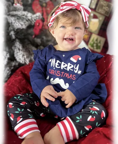 Vista 3 de Conjunto de ropa de Navidad con estampado de Papá Noel para niñas pequeñas, conjunto de ropa de Navidad de 3 piezas