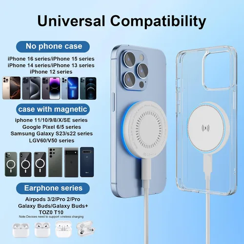 Vista 7 de Paquete de 2 cargadores inalámbricos magnéticos de 15 W, base de carga rápida c/cable USB C a USB C de 6 pies; apto para iPhone series