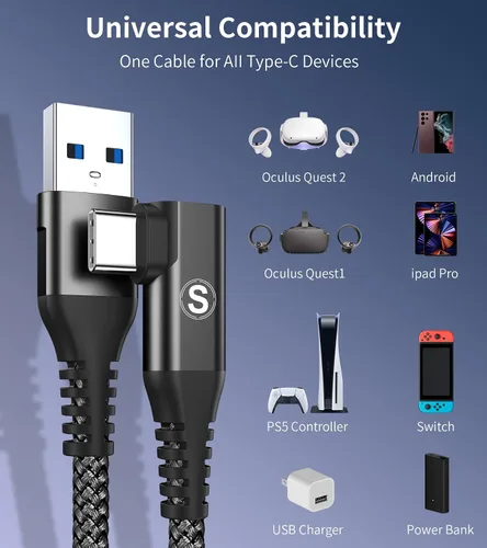 Vista 5 de Sweguard Cable VR Link de 16 pies compatible con Oculus Quest 2 USB 32 Gen 1 USB A a USB C cable con transferencia de datos de alta velocidad de 5