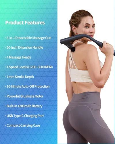 Vista 9 de 3-en-1 Pistola de masaje desmontable de tejido profundo, masajeador de espalda ergonómico con mango extensible para alivio del dolor, masajeador