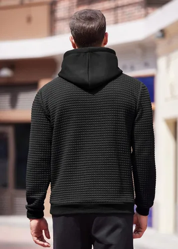 Vista 3 de COOFANDY Sudadera con capucha para hombre, de manga larga, a la moda, para gimnasio, atlética, a cuadros, jacquard, con bolsillo
