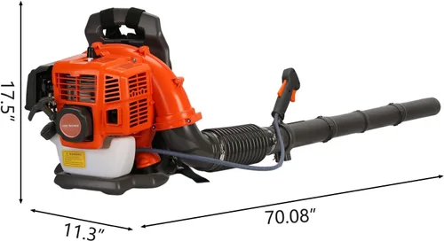 Vista 2 de Soplador de hojas de mochila, 52CC 550 CFM 2 tiempos motor soplador de hojas de gas, soplador de polvo de alta resistencia para exteriores de Naranja