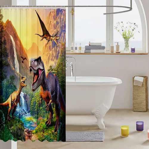 Vista 3 de Erosebridal Cortina de Ducha de Dinosaurio de Dibujos Animados 3D para Niños Varones Adultos Baño Selva Dino Tela Cortina de Baño 72" An x 72 L