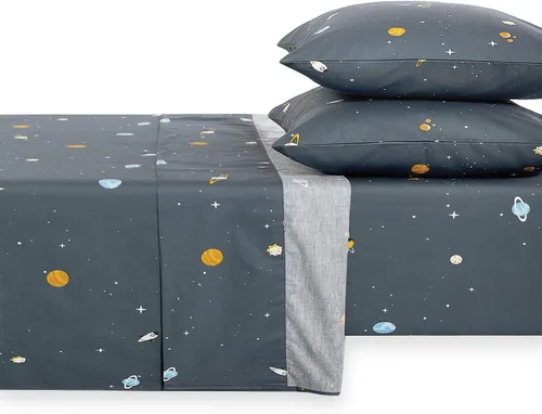 Vista 2 de Wake In Cloud - Sábanas espaciales para niños, 100% algodón, juego de sábanas de 4 piezas para niños, Galaxy Celestial Stars Rockets, Planets, ropa