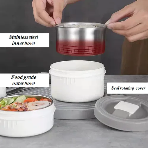Vista 9 de Lonchera apilable de acero inoxidable de 3 niveles, botella aislada al vacío de acero inoxidable a prueba de fugas, adecuada para llevar alimentos a