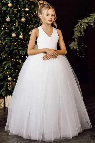 Vista 2 de JISISANG Vestido largo de satén con tirantes cruzados para niña de flores, vestido de graduación con lazo hinchado de tul para concurso de belleza