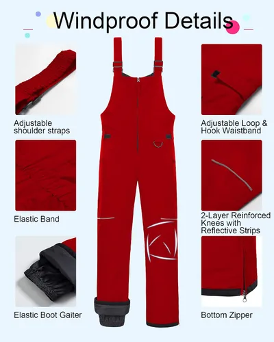 Vista 6 de CREATMO US Baberos de nieve para niños, pantalones de esquí impermeables con aislamiento para invierno
