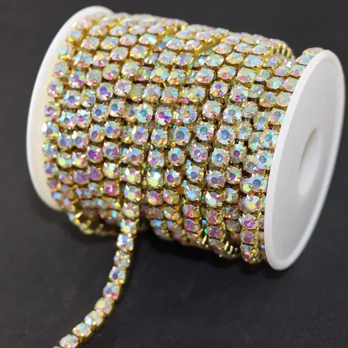 Vista 8 de Jerler 9 metros de adornos de diamantes de imitación con cadena cerrada SS6.5/2.0mm, cadena AB para costura, manualidades, ideal para bodas AB dorado