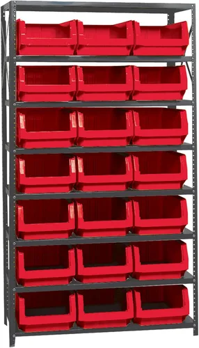 Vista 200 de Quantum QSBU-245BK Heavy Duty Shelving Unit with (7) Shelves and (24) QUS245 Black Bins for Garage Warehouse Storage Distribution 400 lb Load