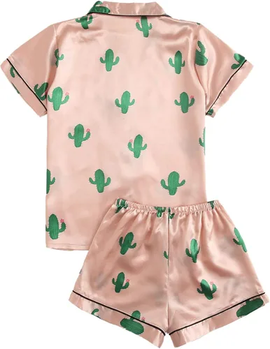 Vista 2 de SweatyRocks - Conjunto de pijama de satén de 2 piezas para mujer, ropa de dormir abotonada de manga corta