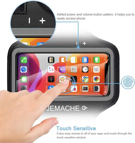 Vista 2 de Brazalete para iPhone 17 16 Pro, JEMACHE Gym Workouts Running Arm Band para iPhone 17/16/15/14/13/12 Pro (negro)