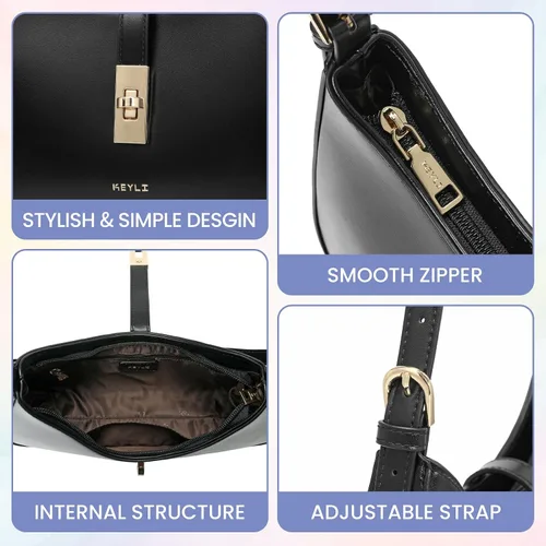 Vista 6 de Keyli - Bolso de hombro de moda para mujer, de cuero vegano, con correa ajustable, bolsos estilo hobo, con asa larga