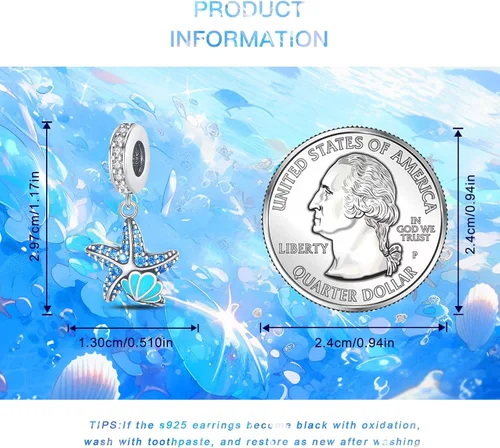 Vista 5 de Abalorios de plata de ley 925 para pulseras y collares, pulseras solares con dije de estrella de mar y estrella, conchas de estrella de mar