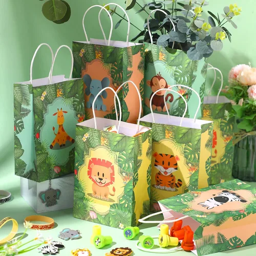 Vista 2 de Gersoniel 24 bolsas de regalos de safari, bolsas de recuerdos de fiesta de selva de safari con asas para niños, bolsas de regalo de cumpleaños