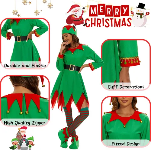 Vista 5 de Higen Disfraz de elfo para mujer, juego completo de 5 piezas, traje verde élfico de Navidad, traje divertido para adultos, vacaciones, fiesta