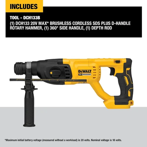 Vista 2 de DEWALT Martillo giratorio inalámbrico de 20 V MAX SDS Plus de 1 pulgada con mango en D, solo herramienta desnuda (DCH133B)