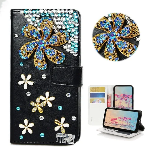 Vista 12 de Bling - Funda tipo cartera compatible con Samsung Galaxy S21 Ultra, elegante funda de piel con diseño de lazo 3D hecha a mano con protector