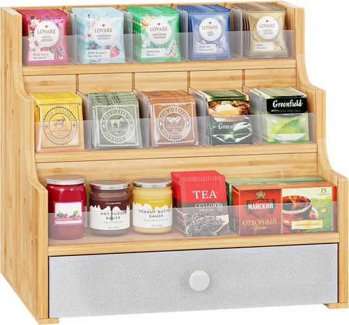 Vista 7 de X-cosrack Caja de almacenamiento organizadora de bolsas de té de bambú, caja de té apilable de 3 niveles, madera natural, cofres de té de montaje
