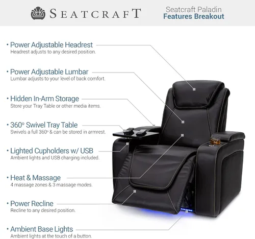 Vista 3 de Seatcraft Paladin - Asiento de cine en casa, sillón reclinable individual Negro