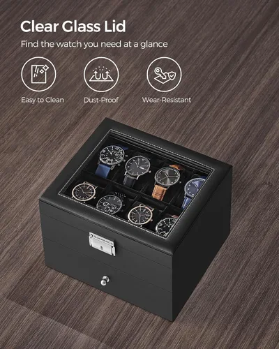Vista 5 de SONGMICS Caja de reloj de 16 ranuras, caja de reloj con tapa de vidrio, 2 capas, vitrina de reloj con cerradura, cuero sintético negro, forro negro